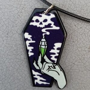 2/$10 Gothic Potions Dark Purple Coffin Shaped Acrylic Charm Necklace NWT